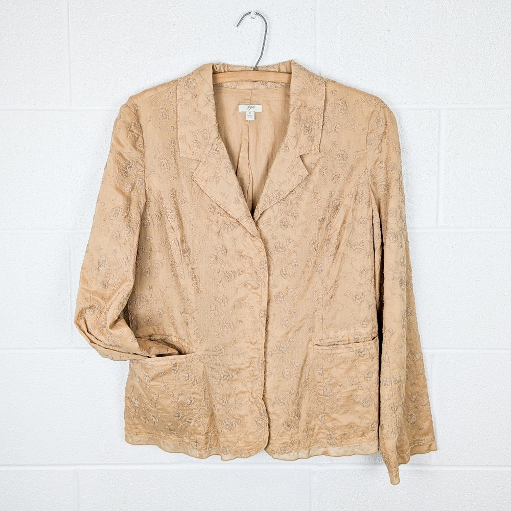 J. Jill 100% Cotton Lightweight Jacket Blazer Yellow Tan Embroidered Pockets 8